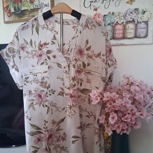 Floral Blouse with Pink and Green Accents